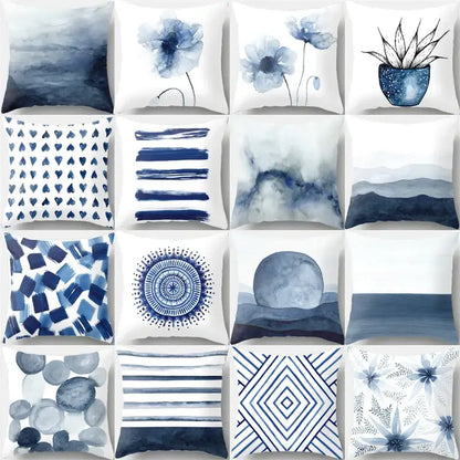 A collection of twelve blue and white geometric heart round throw pillows featuring decorbites geometric heart designs for living room decor