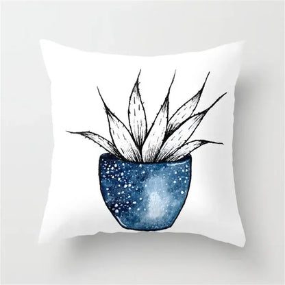 White throw pillow with black ink agave sketch in blue galaxy pot designed for decorbites geometric heart round decorbites geometric heart cushion cover