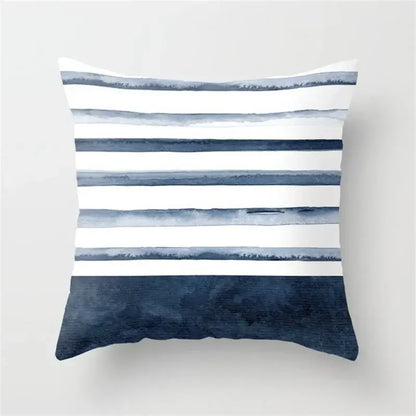 A square throw pillow with blue and white horizontal stripes in watercolor texture for decorbites geometric heart decorbites geometric heart round cushion cover living room decor