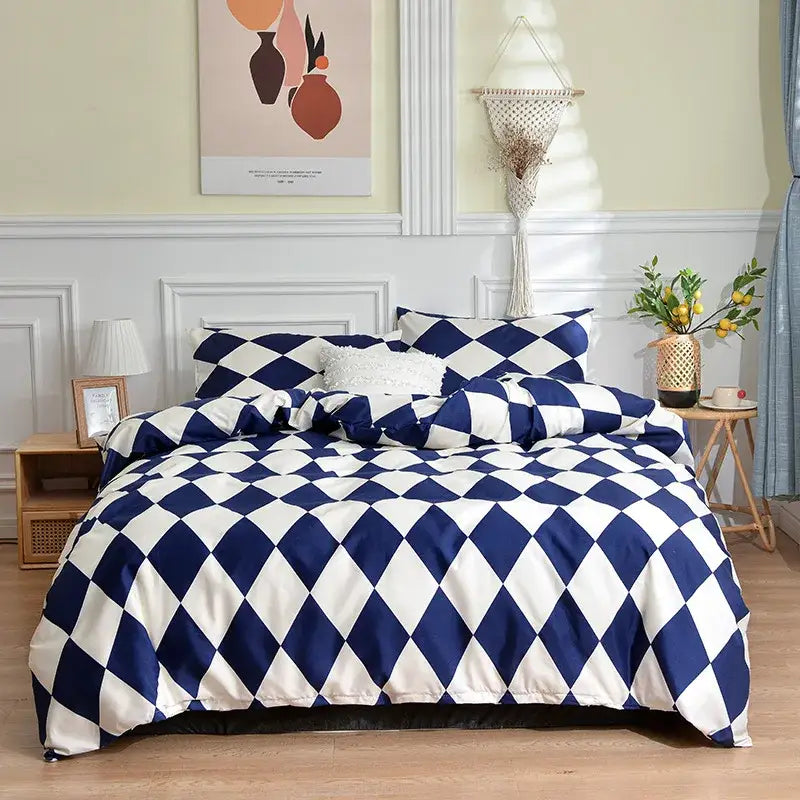 Blue and white diamond-patterned duvet cover set from decorbites geometric stripes bedding set for bedroom decor