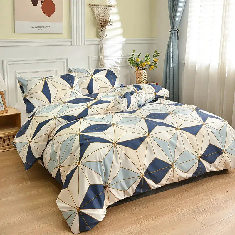Blue and white geometric stripes bedding set with gold accents featuring decorbites geometric stripes design