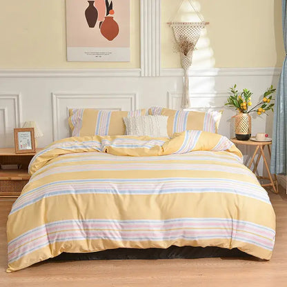 Yellow and pastel-striped duvet set in soft cotton fabric complements decorbites geometric stripes bedding set for bedroom