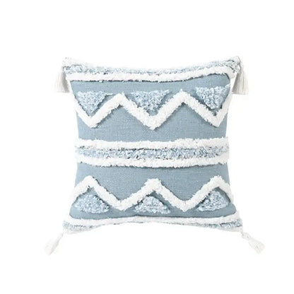 Light blue and white geometric tufted pillowcase set featuring zigzag patterns and tassels for bedroom decorbites blue geometric style