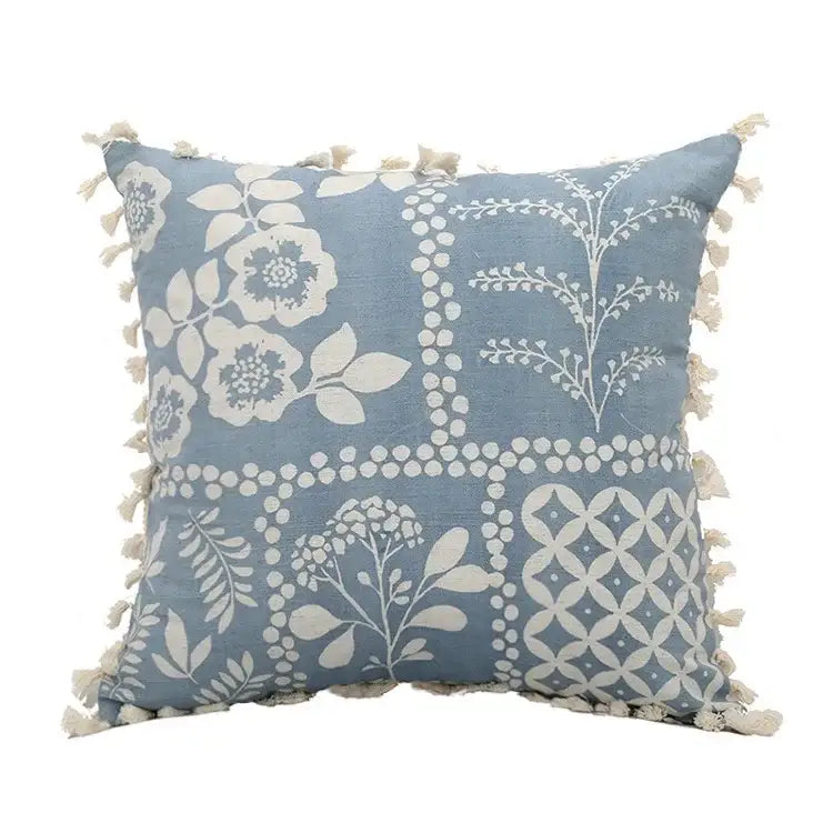 Blue and cream floral and geometric decorbites blue geometric pillowcase set with tassels for bedroom long pillow