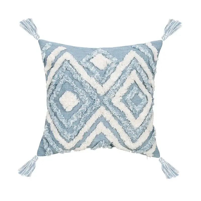 Light blue and white geometric tufted pillowcase set with fringed tassels for bedroom decorbites blue geometric style