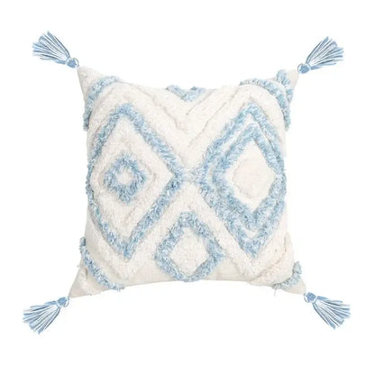 Cream-colored pillowcase set with decorbites blue geometric embroidery and tassels for bedroom decorbites blue geometric tufted