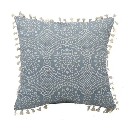 Light blue pillowcase set with white geometric pattern and cream tassels in decorbites blue geometric tufted style