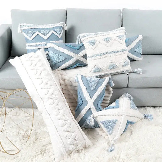 Blue and white geometric tufted pillowcase set with textured throw pillows featuring tassels for bedroom decorbites blue geometric style