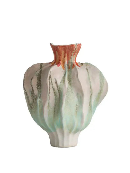 A sculptural irregular porcelain tulip vase in mint green white glaze with gold streaks and orange-red rim for decorbites decor