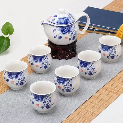 Blue and white double ceramic teaware set with floral patterns for dining room use in porcelain material