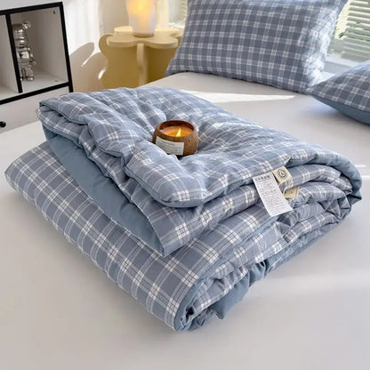 Blue and white plaid cotton summer quilt with soft textured fabric finish ideal for bedroom comfort and warmth