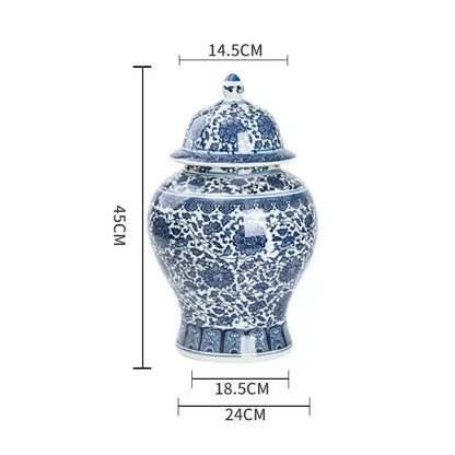 A classic blue white porcelain dragon ginger jar with intricate floral patterns and matching lid for dining room storage