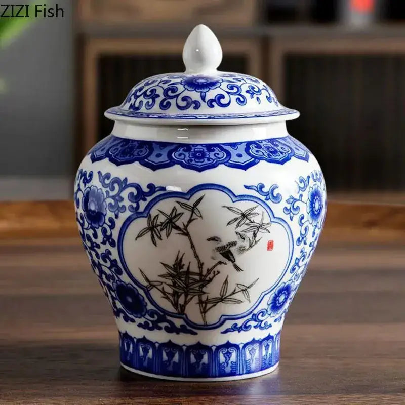 White porcelain general jar tea canister with blue and black hand-painted bamboo birds and floral motifs