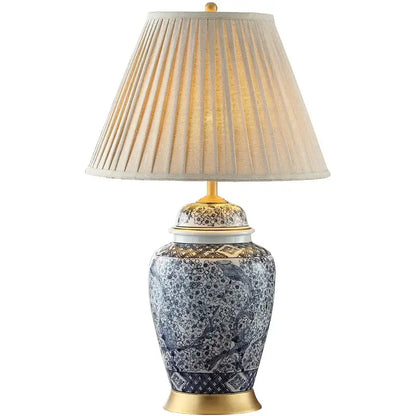 Blue and white porcelain table lamp with gold accents and off-white pleated shade for living room decorbites blue porcelain