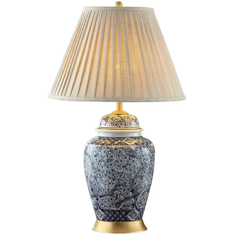 Blue and white porcelain table lamp with gold accents and off-white pleated shade for living room decorbites blue porcelain