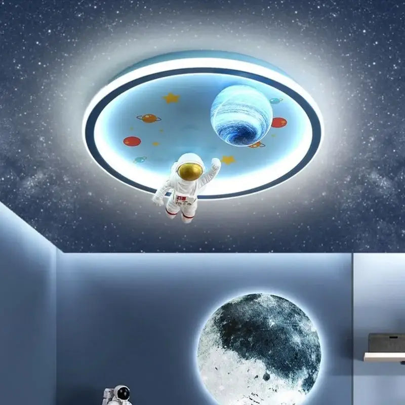 Blue and white space led cartoon chandelier featuring astronaut and planets for kids bedroom decorbites blue space light