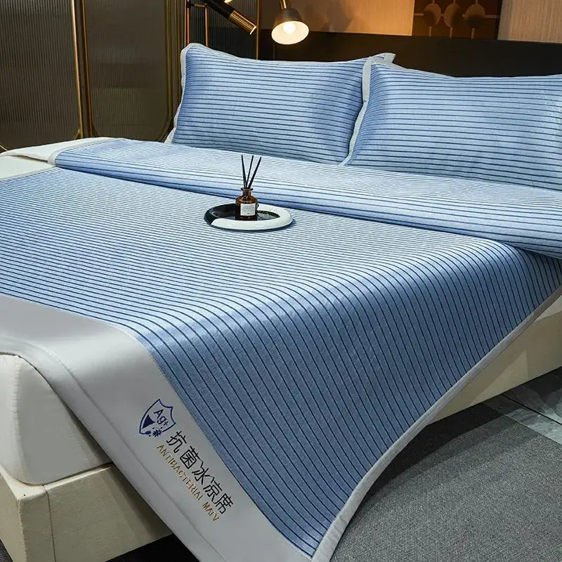 Blue and white striped ice silky cooling mat bedroom pad with soft textured fabric for a comfortable cooling mat experience
