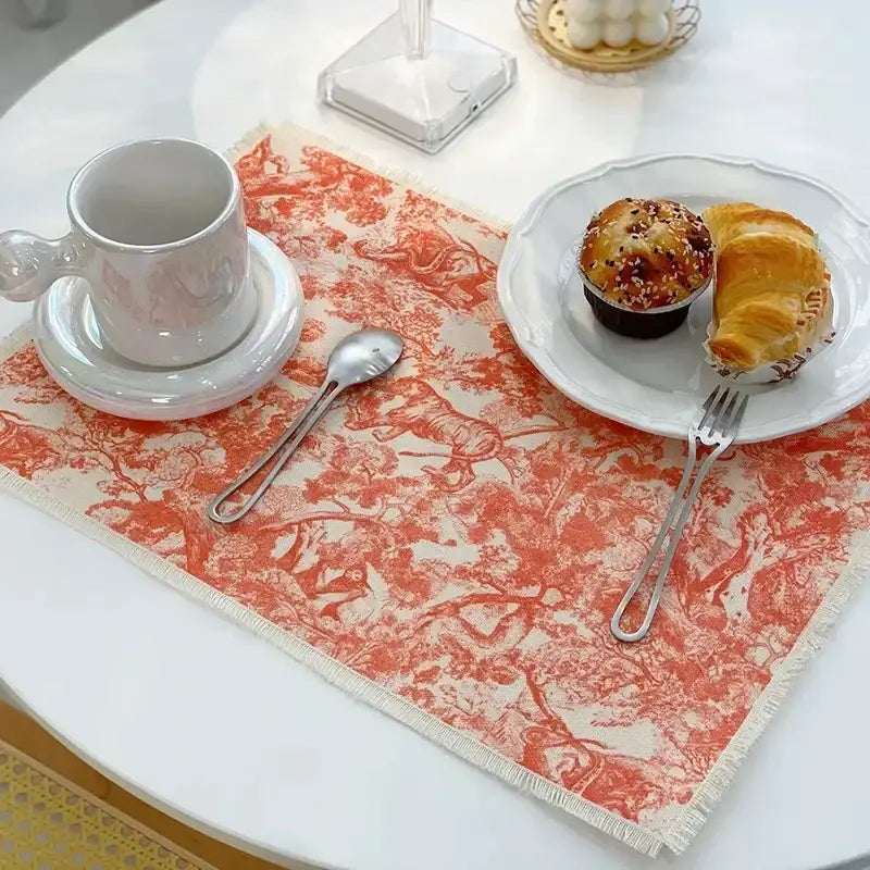 Coral and cream toile cotton linen place mat with frayed edge from decorbites cotton linen kitchen dining decor set