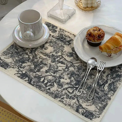 Beige cotton linen place mat with black and white toile forest print and frayed trim for decorbites kitchen decor