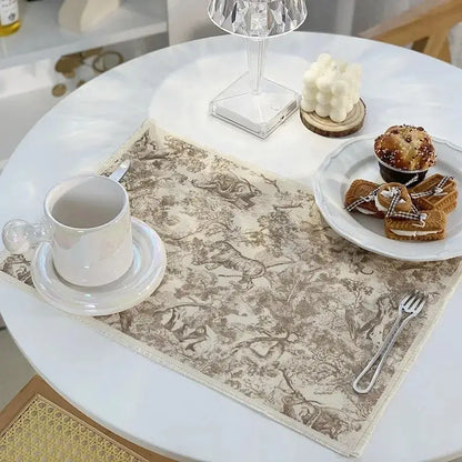 Beige and brown toile-patterned cotton linen place mat with subtle elegant design for kitchen dining decorbites cotton linen