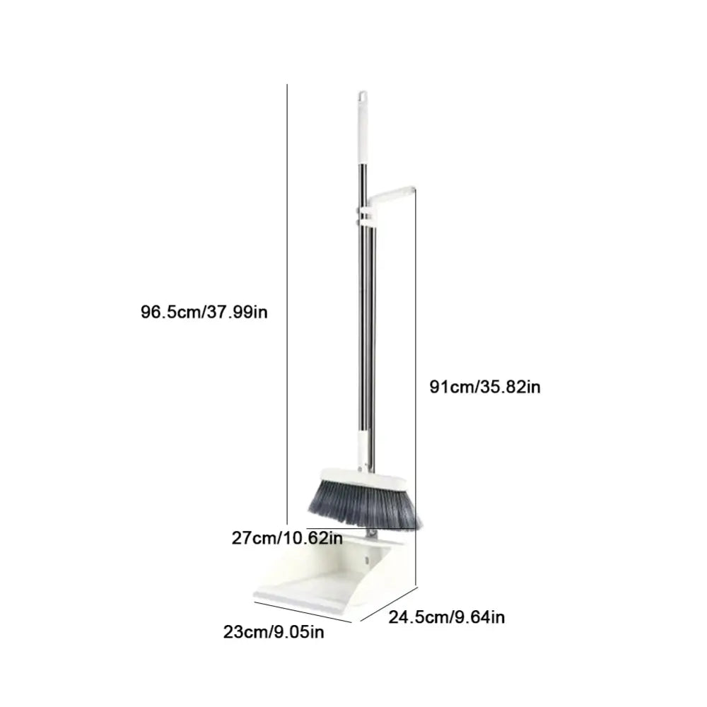 White plastic broom scoop set with attached broom featuring silver metal handle and black bristles for kitchen cleaning