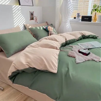 Soft green and beige two-tone quilted duvet set with scalloped edge in decorbites comfort king size bedding set
