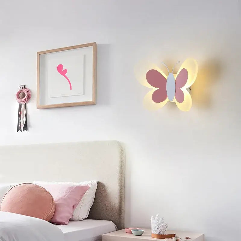 Pastel pink and white butterfly girl cartoon wall sconce with soft glowing light for cartoon children room bedroom