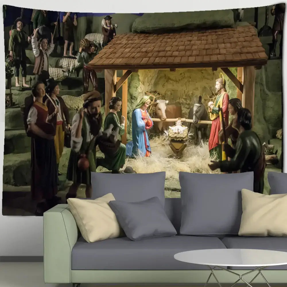 Blue camel printed polyester christmas tapestry home decor featuring detailed nativity scene with wooden stable and figurines