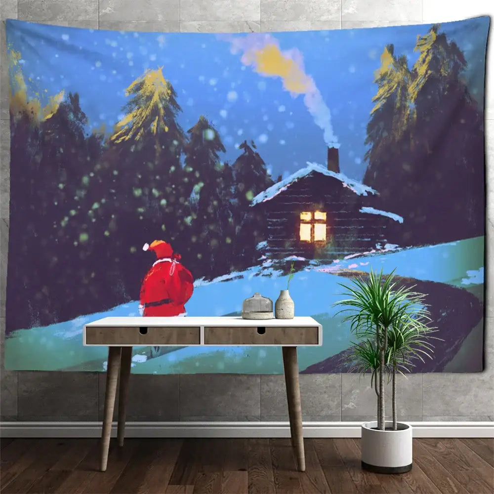 Blue camel printed polyester christmas tapestry featuring a snowy forest cabin and santa for home decor and decorbites camel printed