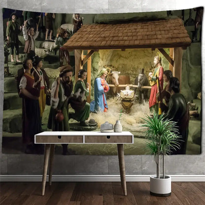Blue camel printed polyester christmas tapestry home decor featuring detailed nativity scene with wooden stable and hay ground