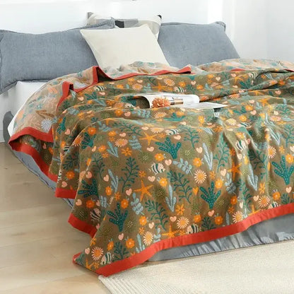 Olive green plush cotton throw blanket with vibrant floral sea-themed pattern and bold red trim for cartoon cat summer decorbites cartoon cat