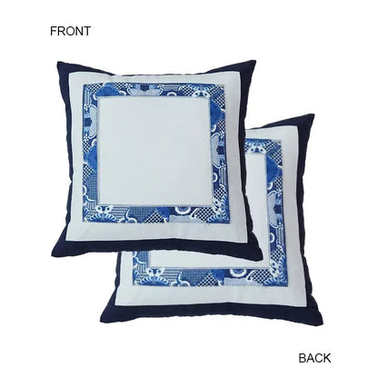 Square-shaped decorbites blue chinoiserie bedroom cushion with white center and intricate blue embroidered patterns