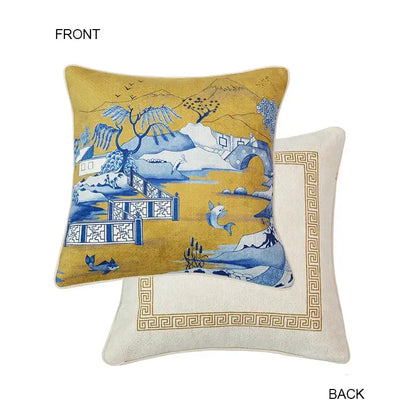 Square cushion with yellow background and blue chinoiserie home pagoda design featuring white accents for bedroom decorbites blue chinoiserie