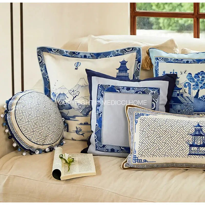 Blue chinoiserie home pagoda bolster pillowcase featuring blue and white porcelain-inspired traditional motifs decorbites blue chinoiserie