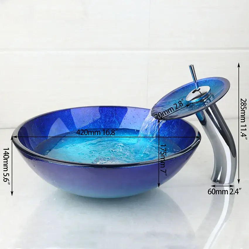Vibrant blue gradient glass vessel sink set with sleek decorbites blue chrome tall waterfall faucet for bathroom decor