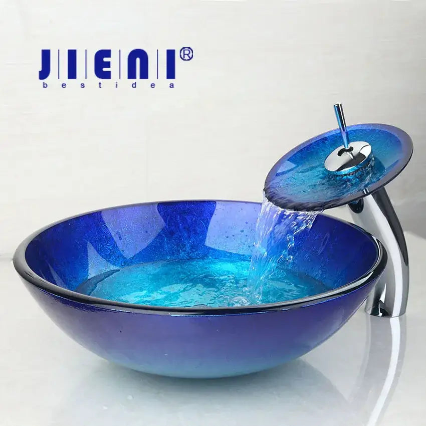 Blue chrome tall waterfall faucet and glass sink set featuring a blue gradient glass vessel sink for bathroom decorbites blue chrome