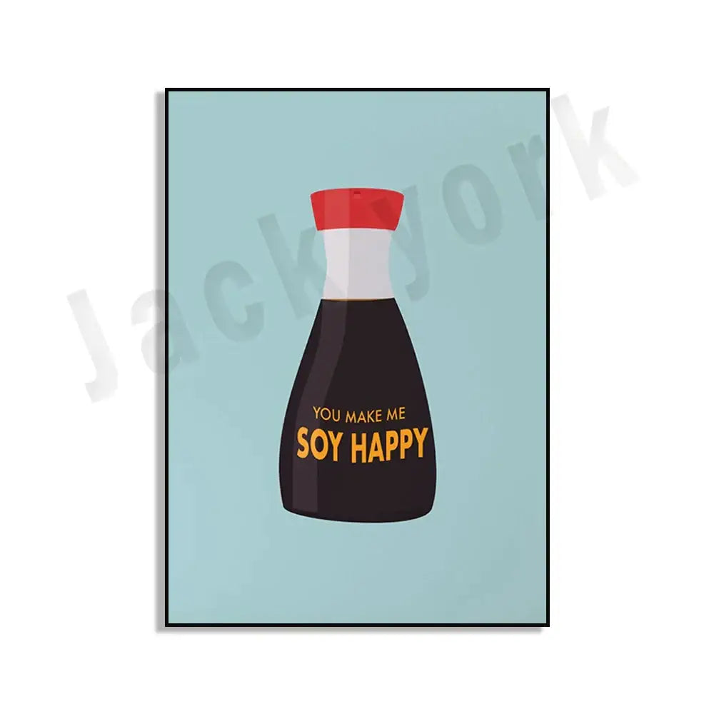 A minimalist soy sauce bottle illustration with red cap and you make me soy happy text in blue cool beans pesto kitchen wall art set