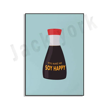 A minimalist soy sauce bottle illustration with red cap and you make me soy happy text in blue cool beans pesto kitchen wall art set