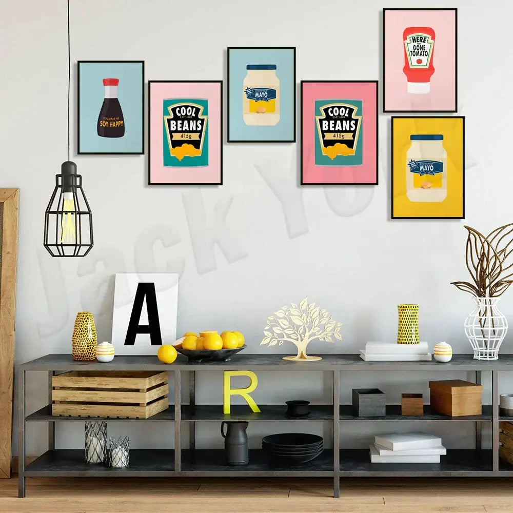 A black metal pendant light with geometric cage design complements decorbites blue cool beans kitchen wall art set of 6