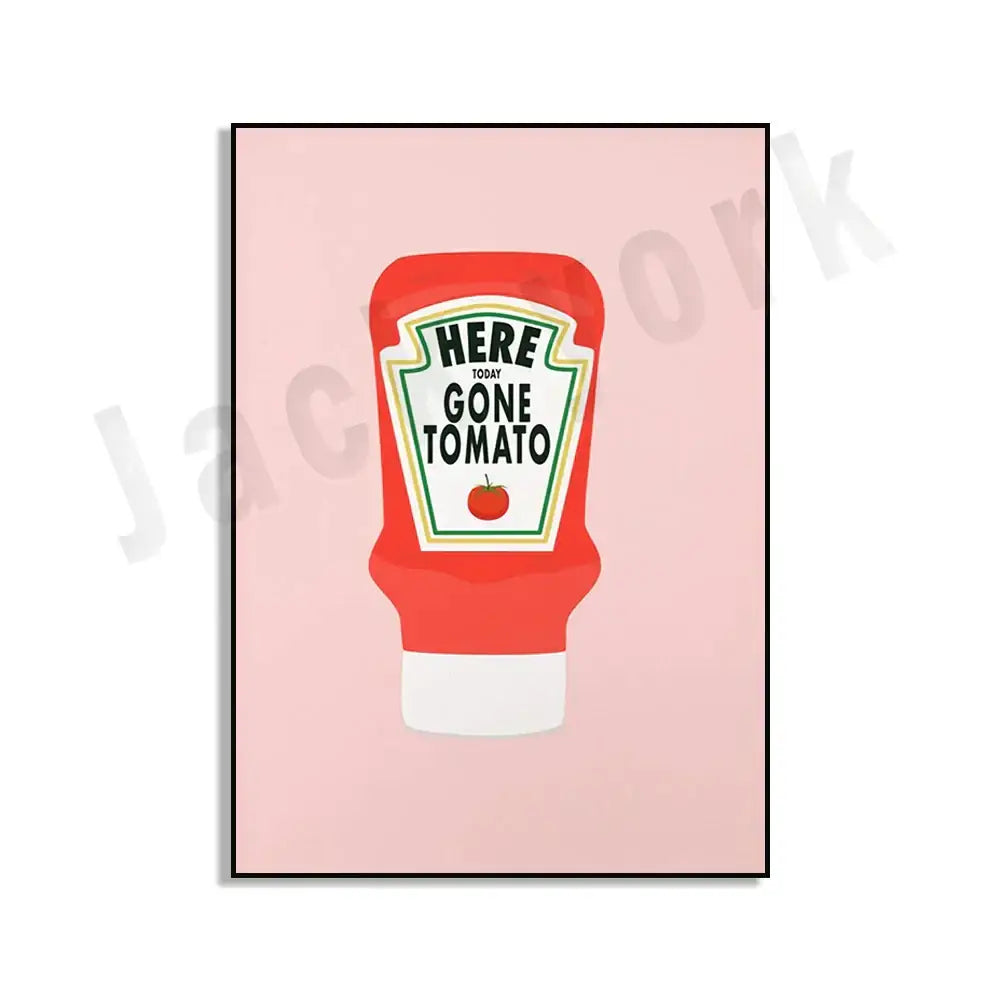 Red and white tomato ketchup bottle art print from decorbites blue cool beans pesto pasta framed kitchen wall art set of 6