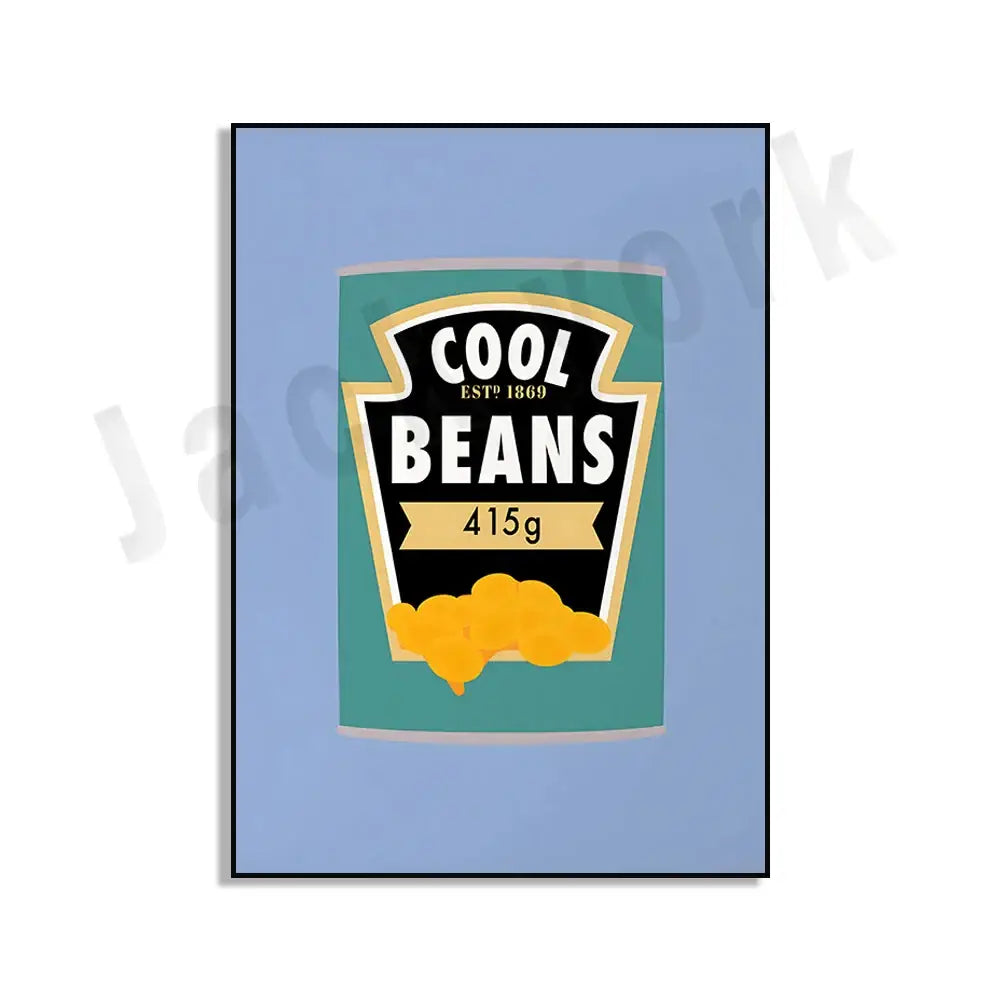 Teal and black illustrated poster of a cool beans can with gold trim from decorbites blue cool beans pesto pasta wall art set of 6