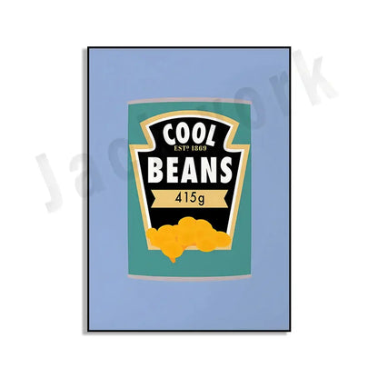 Teal and black illustrated poster of a cool beans can with gold trim from decorbites blue cool beans pesto pasta wall art set of 6