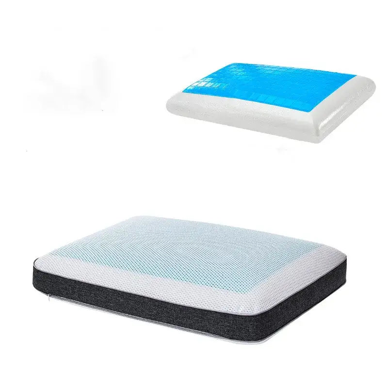 White and blue gel-infused memory foam pillow with breathable mesh top featuring decorbites bamboo charcoal cooling gel