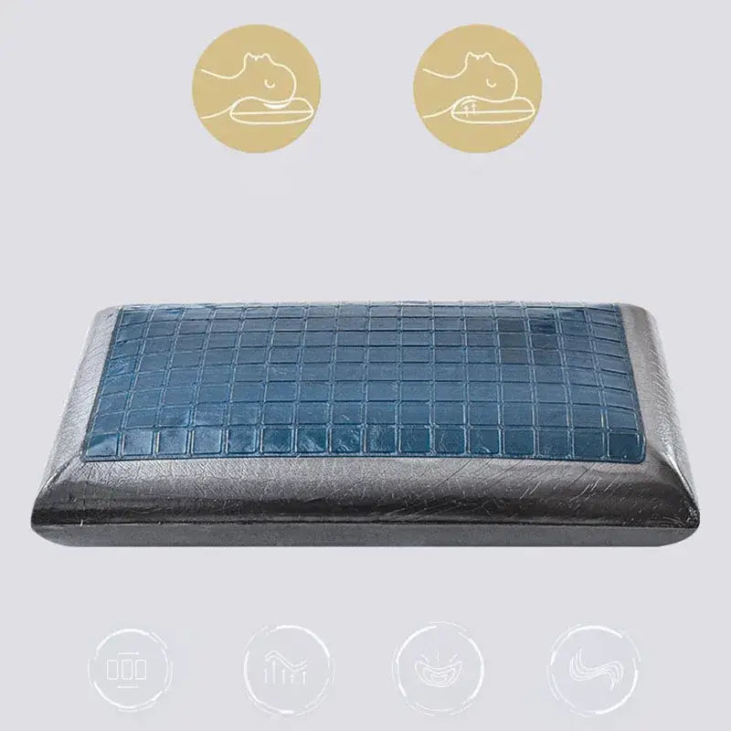 Blue crocodile-skin textured memory foam pillow with black leather-like outer shell featuring decorbites bamboo charcoal