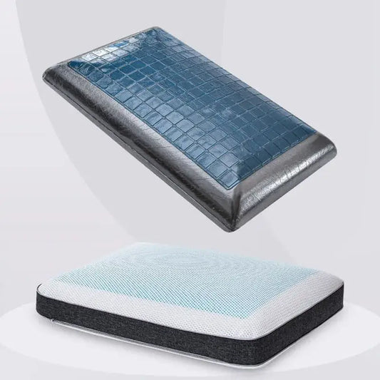 Blue crocodile memory foam cooling gel pillow with black leather trim and white mesh top by decorbites bamboo charcoal