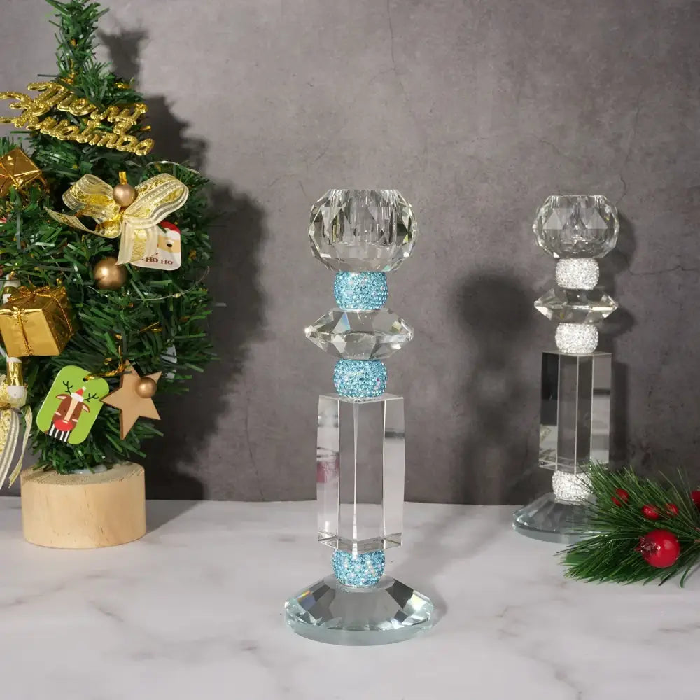 Clear crystal blue diamond crystal glass candle holder with faceted design and light blue glittery accents for decorbites dining room decor