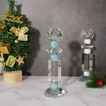 Clear crystal blue diamond crystal glass candle holder with faceted design and light blue glittery accents for decorbites dining room decor