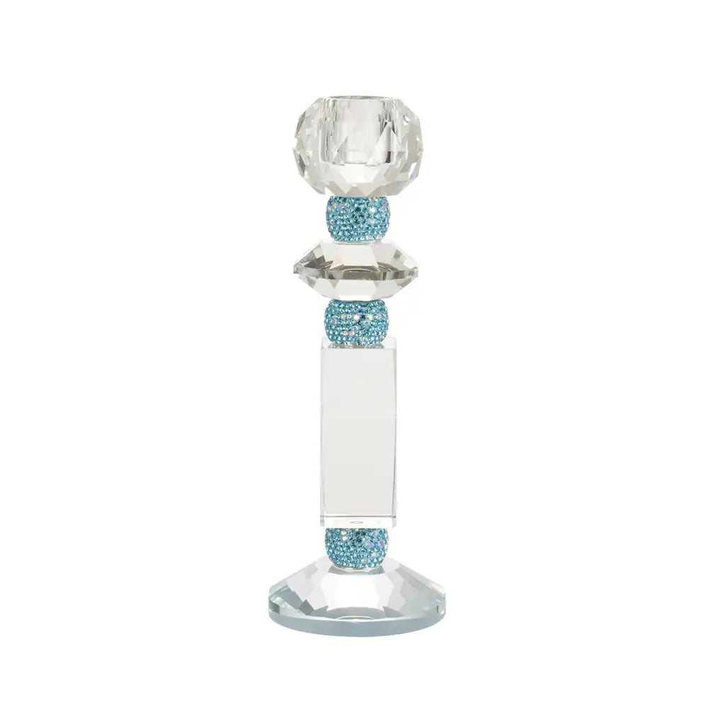 Clear faceted diamond crystal glass candle holder with three blue rhinestone beads from decorbites blue diamond collection
