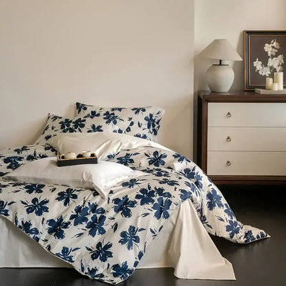 Blue floral bedding set with white satin pillowcases made of decorbites 100s egyptian cotton for bedroom decor