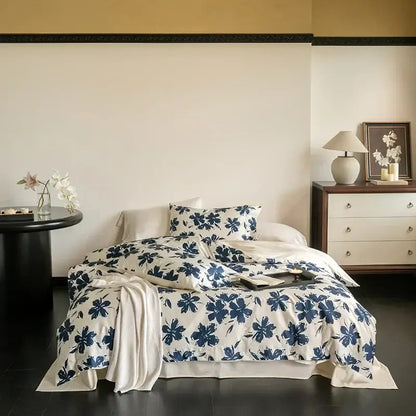 Blue floral 100s egyptian cotton bedding set with soft cotton fabric and elegant botanical design for bedroom decor